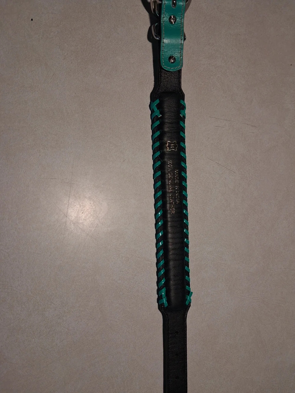 Myra Turquoise and Brown Tooled Leather Dog Collar MEDIUM with Silver Hardware